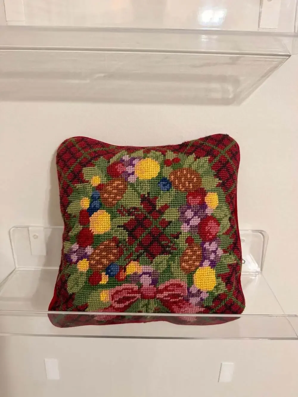 Vintage Wool Needlepoint‎ Wreath Floral Throw Pillow with Red Velvet Backing